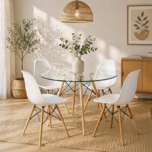 MESA DE VIDRIO 1 M + 4 SILLAS EAMES