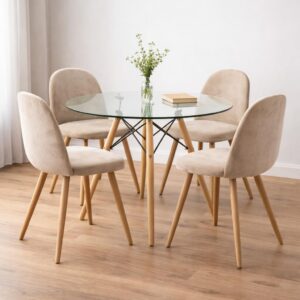 MESA DE VIDRIO 1 M + 4 SILLAS CLOE BEIGE