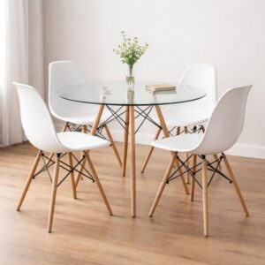 MESA DE VIDRIO 1 M + 4 SILLAS EAMES